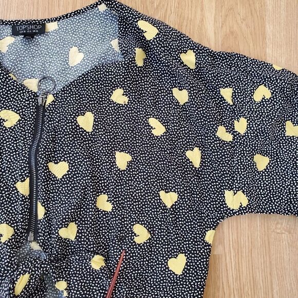 Topshop 'Zoe' Zip & Tie Front Crop Top - size 6 in Yellow Heart Print - Picture 15 of 16